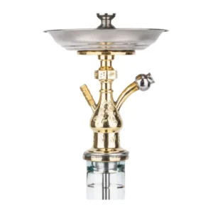 Cachimba El Nefes Mini Djem turca artesanal de 57 cm con cuerpo en latón fundido, tubo de cobre en el tiro, base de cristal, plato de metal, pinzas pequeñas y juego de gomas en The Good Shisha