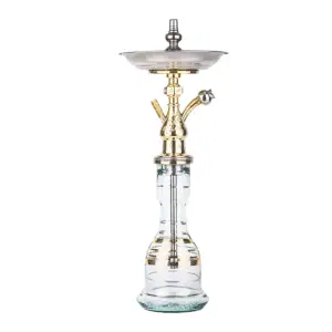 Cachimba El Nefes Mini Djem turca artesanal de 57 cm con cuerpo en latón fundido, tubo de cobre en el tiro, base de cristal, plato de metal, pinzas pequeñas y juego de gomas en The Good Shisha