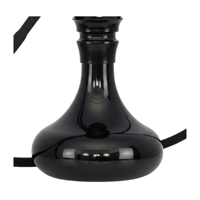 Japona Hookah Shuriken Mini Blue-Black cachimba rusa con acabado azul y negro exclusivo, verdadera obra maestra con mástil de madera tostada con formas enlazadas y partes en acero inoxidable, plato con parte de acero y madera y base de cristal soplado a mano con encaje a presión en The Good Shisha