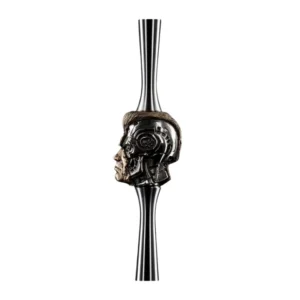 Cachimba Maklaud Bebacker rusa exclusiva fabricada en acero inoxidable y latón con pieza central que encarna a Terminator con dos caras la humana y la robot, cámara tradicional, difusor fijo silenciador y base transparente conectada a presión con goma anti-fugas en The Good Shisha