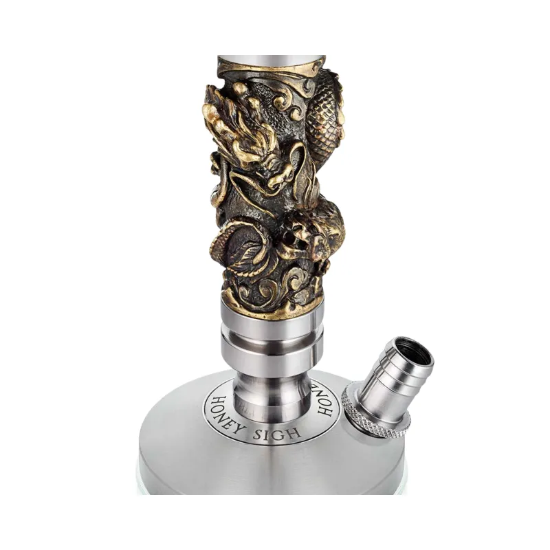 Cachimba Honey Sigh Mini Exclusive edición limitada rusa fabricada en acero inoxidable de primera calidad europea con inserto decorativo artesanal reproduciendo figuras extravagantes, tiro medio, purga vertical estilo ruso, base, plato, boquilla acero inox y manguera silicona Soft Touch en The Good Shisha