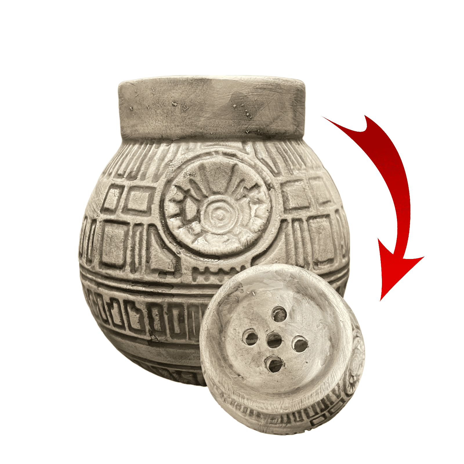 Cazoleta Helium Death Star de barro blanco pintada a mano con zona de carga sin esmaltar