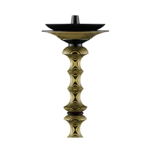Japona Hookah Shuriken Yellow-Manganese cachimba rusa de gran tamaño verdadera obra maestra con mástil de madera tostada con formas enlazadas y partes en acero inoxidable, plato con parte de acero y madera y base de cristal soplado a mano con encaje a presión en The Good Shisha