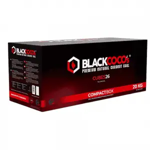 Carbón Black Coco 20 KG en formato caja grande de coco natural premium con tamaño 26 mm para gestores Kaloud y Provost en The Good Shisha