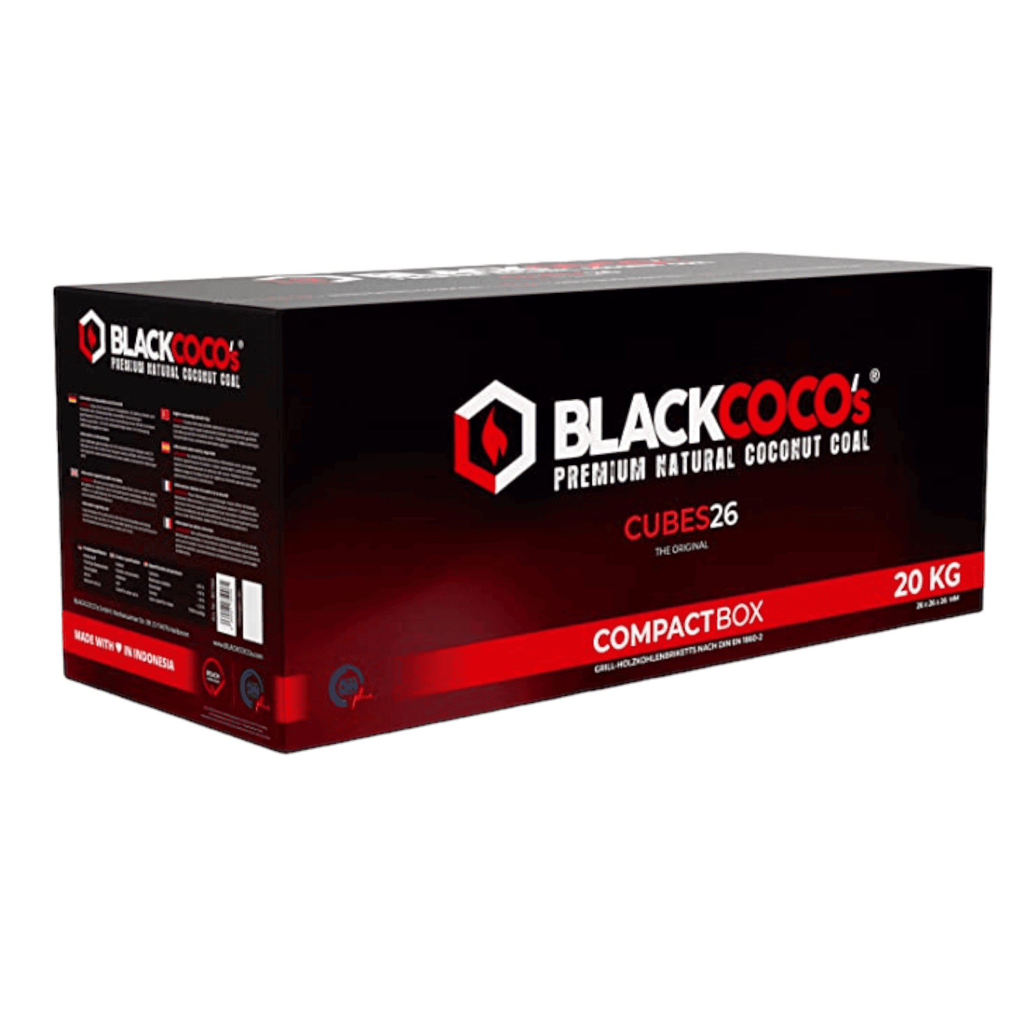 Carbón Black Coco 20 KG en formato caja grande de coco natural premium con tamaño 26 mm para gestores Kaloud y Provost en The Good Shisha