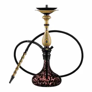 Japona Hookah Amur Yellow-Manganese cachimba rusa de gran tamaño verdadera obra maestra con mástil de madera tostada con formas enlazadas y partes en acero inoxidable, plato con parte de acero y madera y base de cristal soplado a mano con encaje a presión en The Good Shisha
