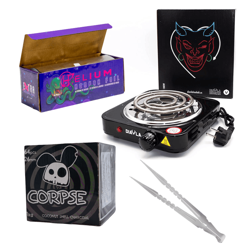 Pack accesorios cachimba Medium con hornillo eléctrico Diavla 1000W, rollo de papel aluminio especial, pinzas largas y 1 kg de carbón natural de coco en The Good Shisha