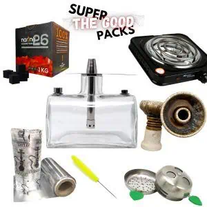 Pack cachimba Oduman N7 Smoke Tank de la marca turca Oduman en cristal soplado con partes en acero inoxidable, hornillo eléctrico, cazoleta TGS Nilo, gestor Coldprov, rollo de papel aluminio y carbón en The Good Shisha