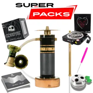 Pack cachimba Oduman Meets El Nefes en cristal de bohemia con partes en acero inoxidable, grabados de cobre, base de madera con iluminación LED, hornillo, cazoleta TGS Nilo, Provost y carbón en The Good Shisha