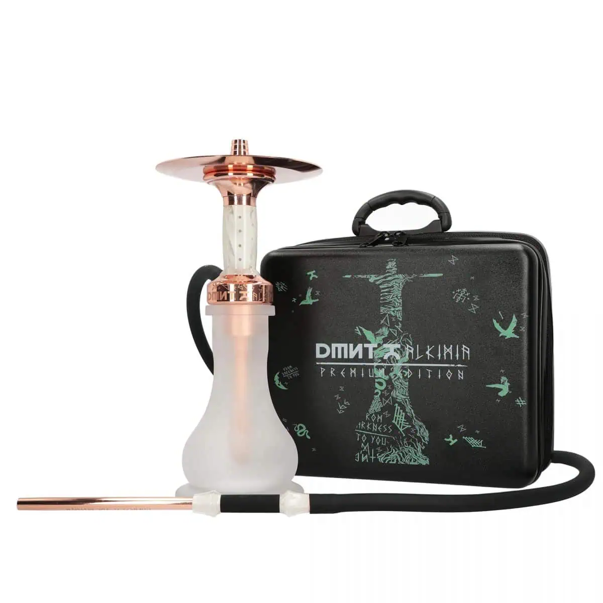 Cachimba DMNT Alkimia Premium Gold Rose Edition española en acero inoxidable de alta calidad con baño de oro rosa, grabados exclusivos, sistema de purga horizontal y maletín de transporte en The Good Shisha