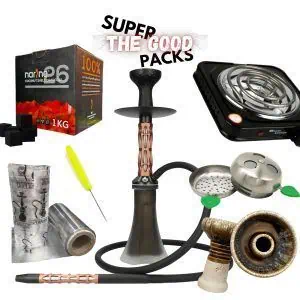 Pack cachimba El Badia Fantom francesa de 40 cm en aluminio inoxidable y acero inoxidable con difusor regulable, base Pata Elefante mini, cazoleta silicona, manguera, hornillo, cazoleta TGS Nilo, Provost y carbón en The Good Shisha