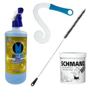 Pack limpieza cachimba completo con 2 cepillos (uno para mástil y otro para base), soluciones de limpieza específicas para cachimbas e instrucciones detalladas en The Good Shisha