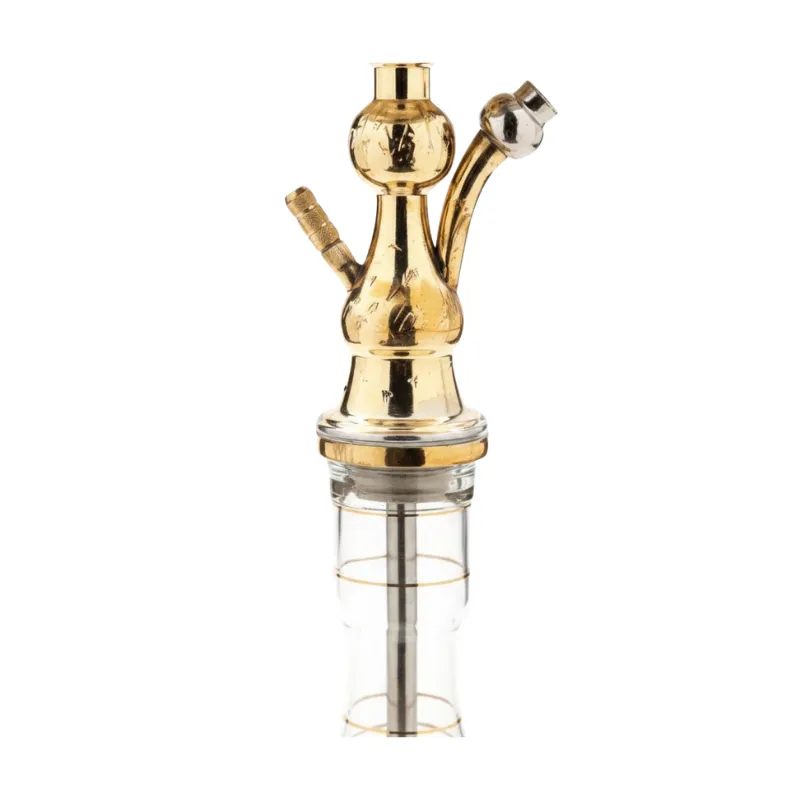 Cachimba El Nefes Mini Moon turca artesanal de 57 cm con cuerpo en latón fundido, tubo de cobre en el tiro, base de cristal, plato de metal, pinzas pequeñas y juego de gomas en The Good Shisha