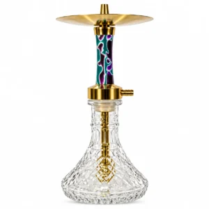 Cachimba Moebius con mástil de resina púrpura y turquesa, herrajes dorados y base de cristal tallado