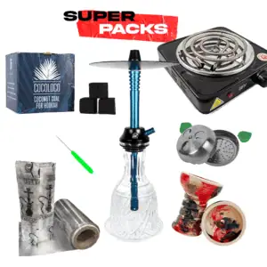 Pack cachimba Helium Nova de aluminio con base tallada, hornillo eléctrico, cazoleta de calidad, gestor de calor, manguera, pinzas y carbón en The Good Shisha