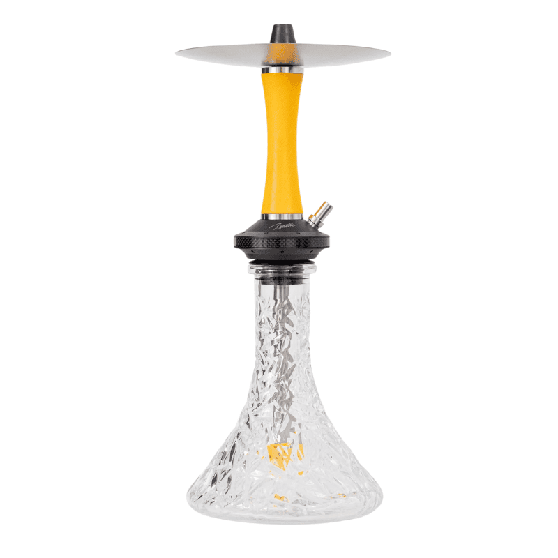 Cachimba Diavla Hookah Turbo española de 47 cm en acero inoxidable V2A con cámara de poliacetal reforzada con fibra de carbono, sistema de purga con 16 salidas y base transparente tallada en The Good Shisha