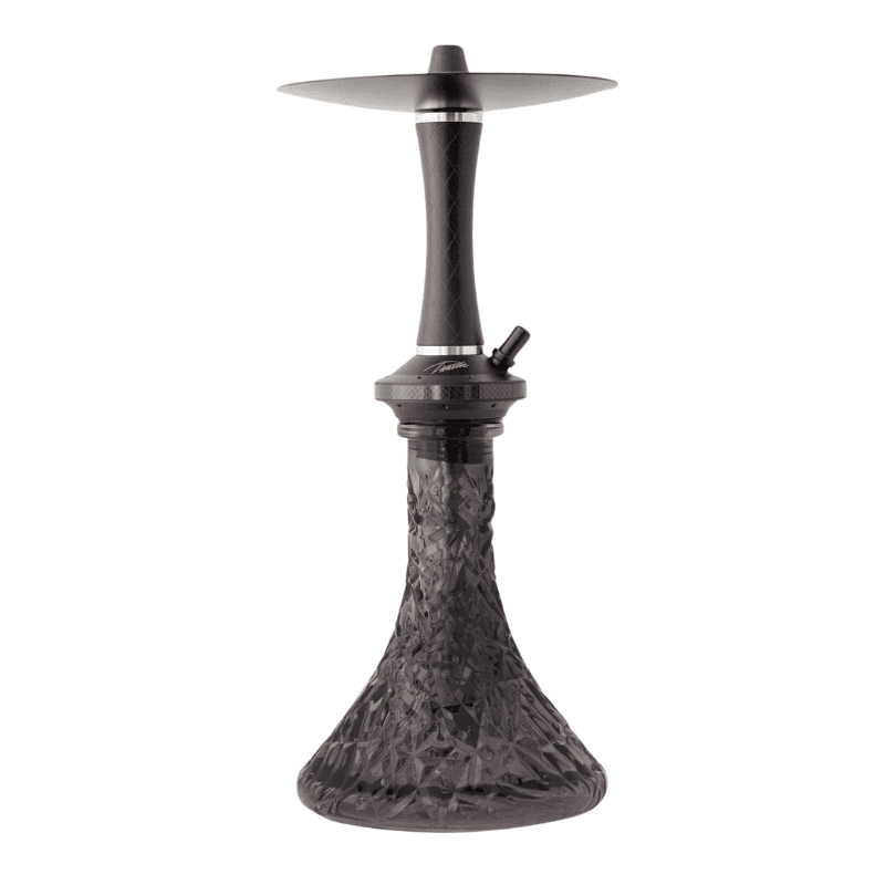 Cachimba Diavla Hookah Turbo española de 47 cm en acero inoxidable V2A con cámara de poliacetal reforzada con fibra de carbono, sistema de purga con 16 salidas y base transparente tallada en The Good Shisha
