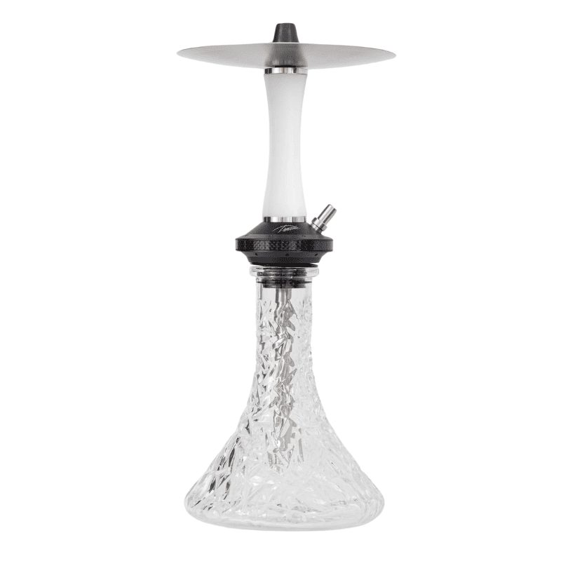 Cachimba Diavla Hookah Turbo española de 47 cm en acero inoxidable V2A con cámara de poliacetal reforzada con fibra de carbono, sistema de purga con 16 salidas y base transparente tallada en The Good Shisha