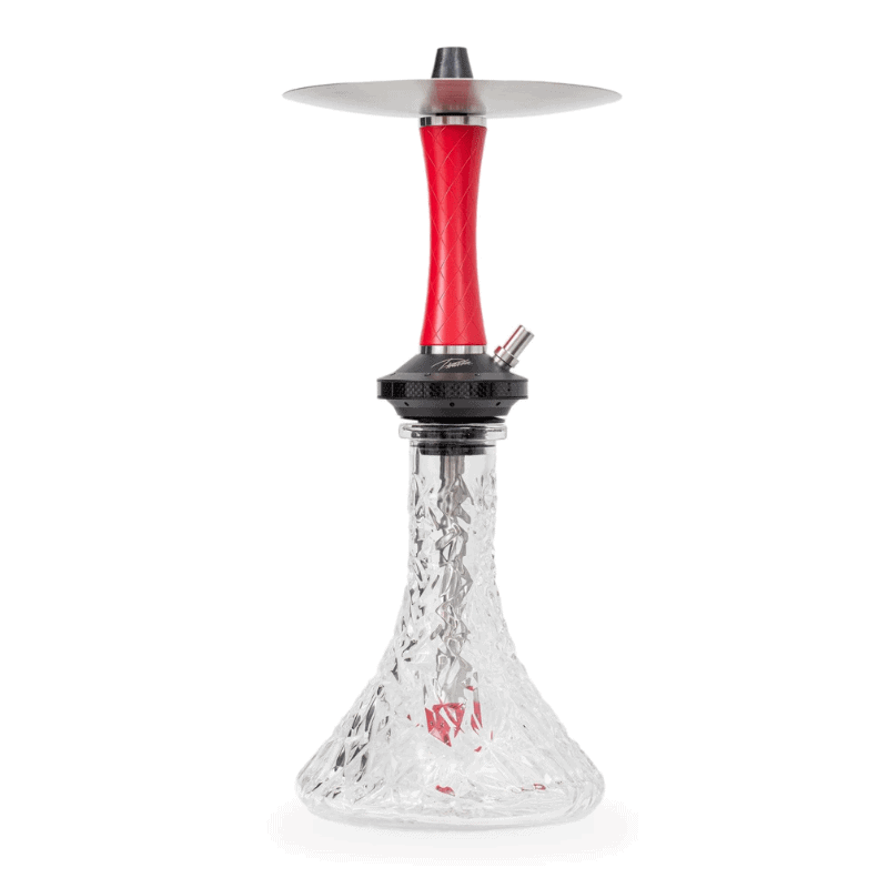 Cachimba Diavla Hookah Turbo española de 47 cm en acero inoxidable V2A con cámara de poliacetal reforzada con fibra de carbono, sistema de purga con 16 salidas y base transparente tallada en The Good Shisha