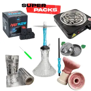 Pack cachimba Diavla Kharma Mini en acero inoxidable V2A con cámara de nylon, 36 cm, difusor regulable, base réplica MIG, manguera soft touch, hornillo, cazoleta TGS Nilo, Provost y carbón en The Good Shisha