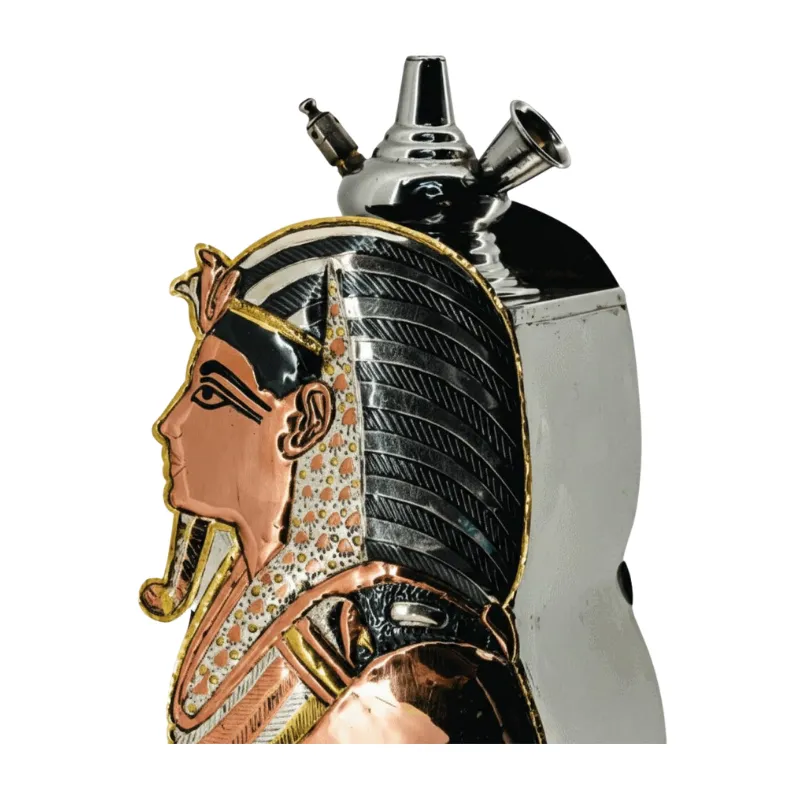 Cachimba Farida Hookah Tut Mask egipcia artesanal elaborada a mano en Egipto en acero inoxidable, latón y cobre, 40 cm con diseño ancho y bajo estable inspirada en la máscara funeraria de Tutankamón en The Good Shisha