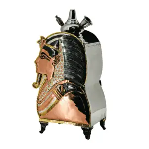 Cachimba Farida Hookah Tut Mask egipcia artesanal elaborada a mano en Egipto en acero inoxidable, latón y cobre, 40 cm con diseño ancho y bajo estable inspirada en la máscara funeraria de Tutankamón en The Good Shisha