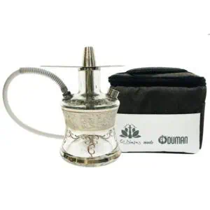 Cachimba El Nefes Oduman N2 Travel Platinum compacta con cuerpo de cristal, detalles en acero inoxidable y bolsa de viaje incluida