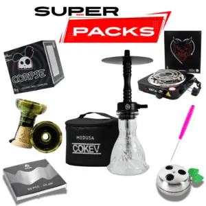 Pack cachimba Medusa COKEV de aluminio con base tallada, hornillo eléctrico, cazoleta TGS, gestor de calor, manguera, pinzas y carbón en The Good Shisha