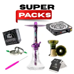 Pack cachimba Medusa Moon de aluminio con base tallada, hornillo, cazoleta, gestor de calor, manguera, pinzas y carbón en The Good Shisha