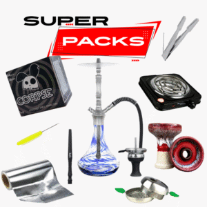 Pack cachimba Aladin Alux M2 en aluminio con base decorada, hornillo eléctrico, cazoleta TGS, gestor de calor, manguera, papel aluminio y carbón en The Good Shisha