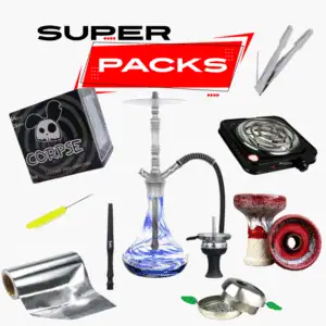 Pack cachimba Aladin Alux M2 en aluminio con base decorada, hornillo eléctrico, cazoleta TGS, gestor de calor, manguera, papel aluminio y carbón en The Good Shisha
