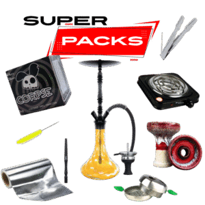 Pack cachimba Aladin Alux M4 en aluminio con base decorada, hornillo 1000W, cazoleta TGS Nilo, cazoleta de barro blanca, gestor de calor, manguera y carbón en The Good Shisha