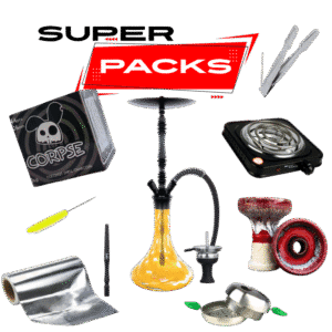 Pack cachimba Aladin Alux M4 en aluminio con base decorada, hornillo 1000W, cazoleta TGS Nilo, cazoleta de barro blanca, gestor de calor, manguera y carbón en The Good Shisha