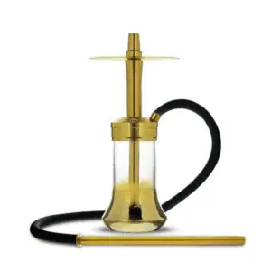Cachimba MS Magma Small Mashisha compacta con mástil espectacular y diseño detallado fabricada completamente en aluminio de alta calidad, con sistema CLICK en la base de vidrio que evita fugas de aire, cuerpo metálico de aluminio anodizado, boquilla de aluminio, plato para ceniza y juego completo de gomas en The Good Shisha
