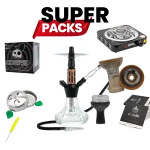 Pack cachimba MS Mini de la marca Mashisha de 27 cm con jarrón de vidrio grueso, cuerpo metálico, cazoleta TGS Nilo, gestor Provost, hornillo, papel aluminio, punzón y carbón en The Good Shisha