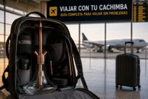 Cachimba desmontada en mochila de viaje con maleta y avión al fondo en aeropuerto