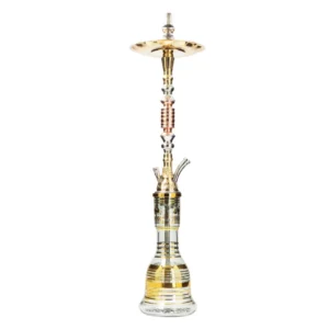 Cachimba Khalil Mamoon Halzone Trimetal egipcia tradicional de 80 cm con mástil de latón, cobre y acero grabado a mano, tubo de inmersión de cobre y base de cristal con filetes dorados en The Good Shisha