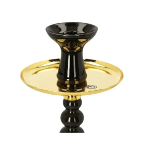 Cachimba El Badia Celeste Gold Black Edition francesa de 45 cm con base dorada efecto espejo, columna de tres bolas en acrílico negro, conectores dorados y manguera de silicona en The Good Shisha