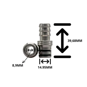 Medidas del conector manguera Conceptic Design: 8,9 mm de diámetro interior, 14,95 mm de exterior y 39,68 mm de altura