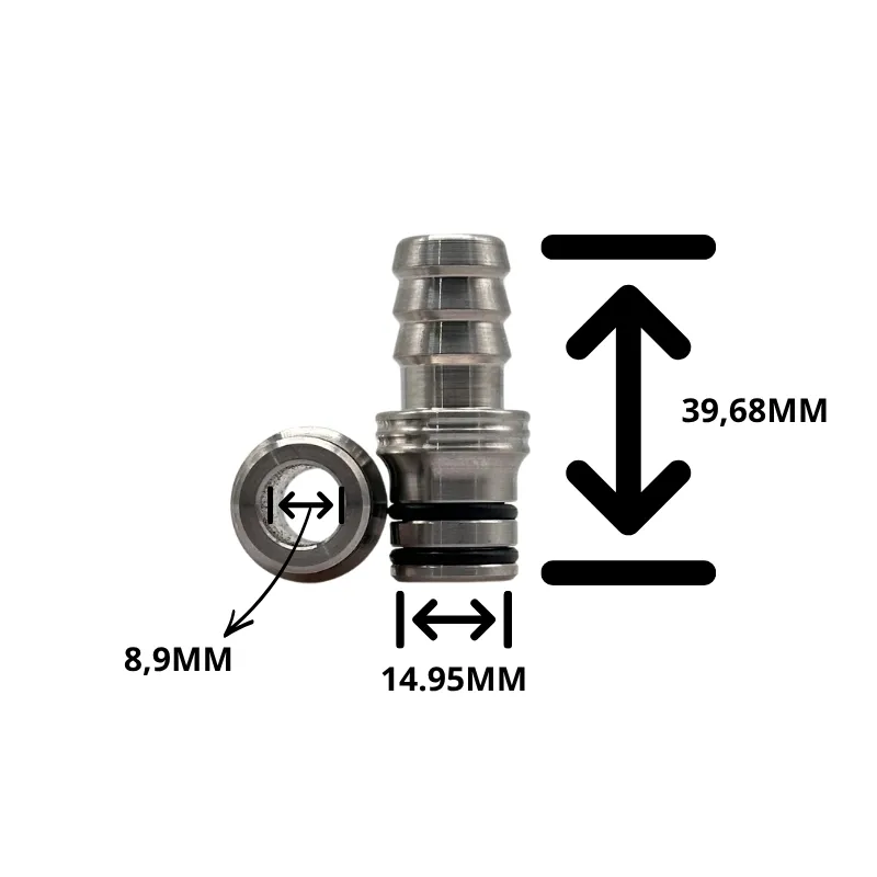 Medidas del conector manguera Conceptic Design: 8,9 mm de diámetro interior, 14,95 mm de exterior y 39,68 mm de altura