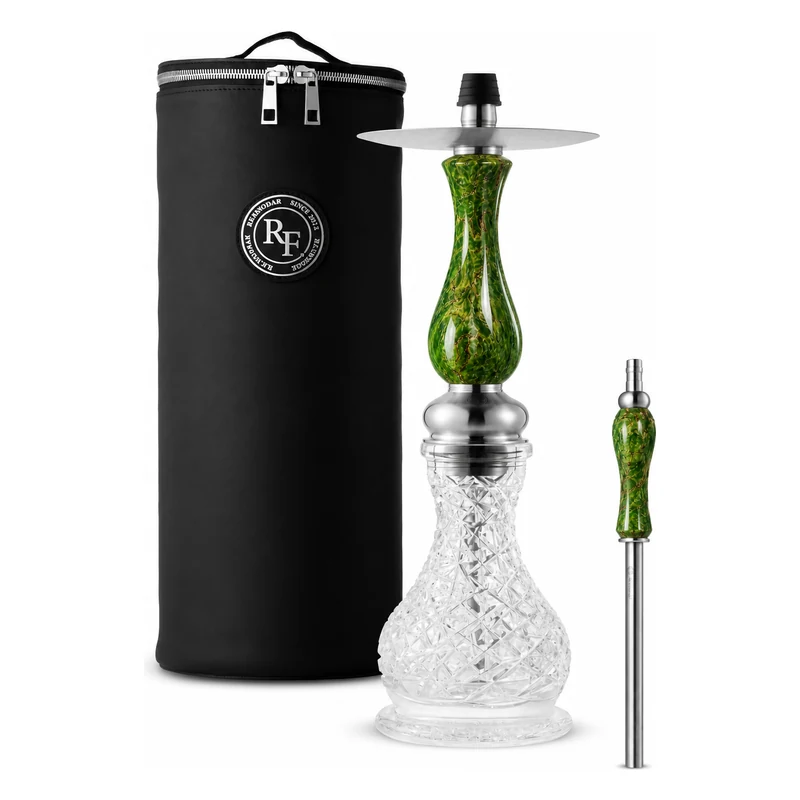 Cachimba RF Mini Karelian Birch Stab Green con mástil de abedul de Carelia estabilizado verde, base de cristal tallado y mochila RF