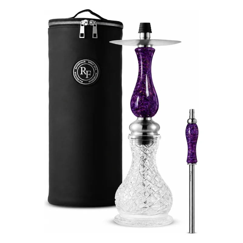 Cachimba RF Mini Karelian Birch Stab Purple con mástil de abedul de Carelia estabilizado morado, base de cristal tallado y mochila RF