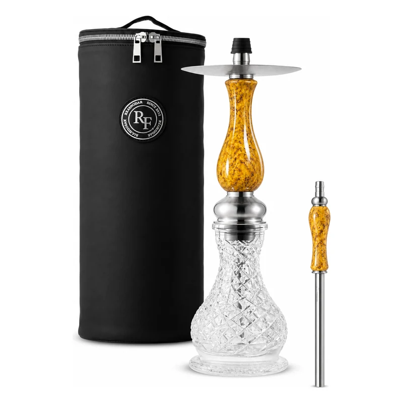 Cachimba RF Mini Karelian Birch Stab Yellow con mástil de abedul de Carelia estabilizado amarillo, base de cristal tallado y mochila RF