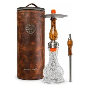 Cachimba RF Mini Maple Stab con mástil de arce estabilizado con vetas tipo mármol, base de cristal tallado y mochila de piel RF